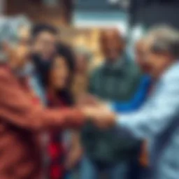 A group of diverse people of different ages smiling and shaking hands, symbolizing connection across generations.