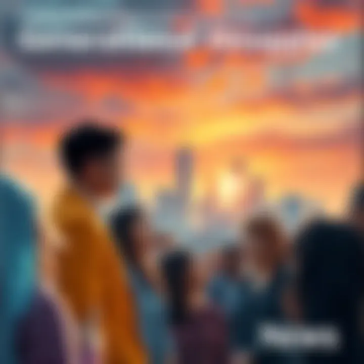 A group of diverse people discussing challenges faced by their parents' generation, with a city skyline in the background.