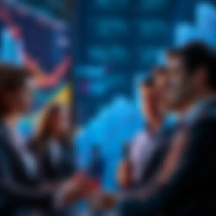 A group of business professionals looking concerned while discussing generative AI projects, with charts showing declining metrics in the background.
