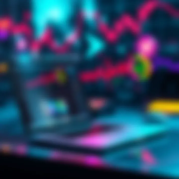 A visual representation of generative AI tools being used in marketing design, featuring a laptop with design software open and colorful graphics coming to life around it.