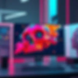 A computer screen displaying a colorful abstract image generated by AI, showcasing the process of transforming data into art.