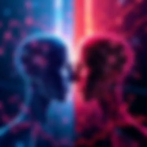 A split image showing generative AI on one side, with abstract art and creativity, and analytical AI on the other, displaying data analysis and charts.