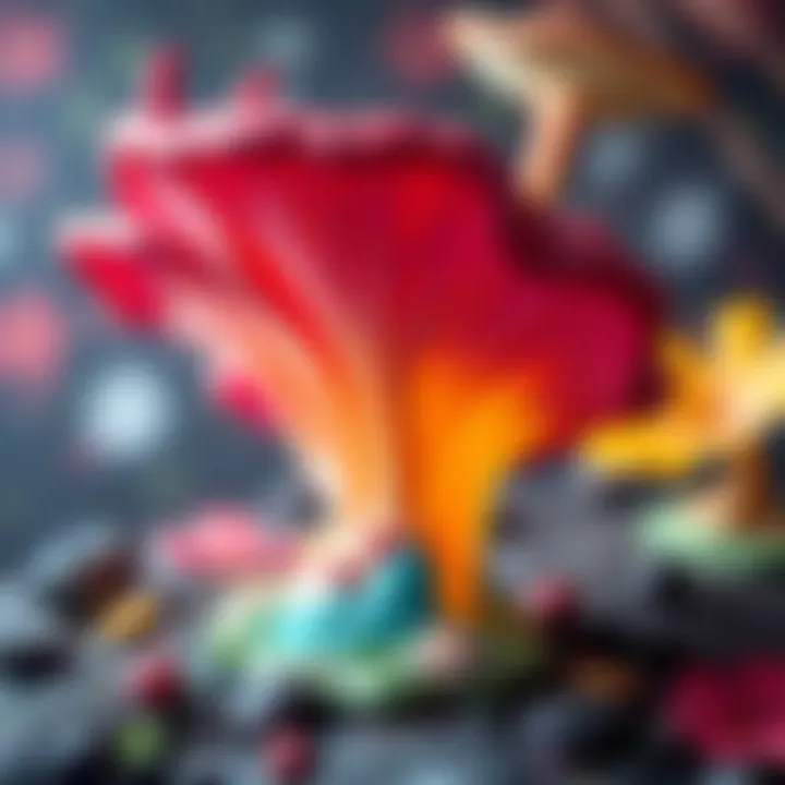 A colorful 3D model of a unique fungus inspired by Genshin Impact, displayed in Blender with design tools