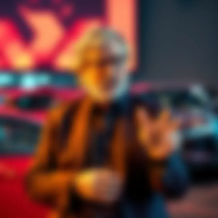 George Lucas speaking about AI technology at an event, with cars in the background symbolizing innovation and progress