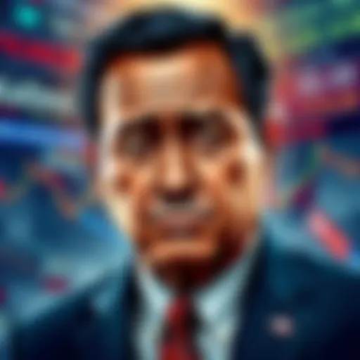 Former Congressman George Santos with a frustrated expression, surrounded by financial news headlines about his lifetime ban for insider trading.
