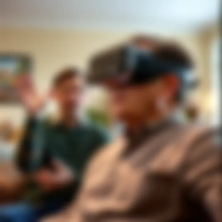 George looks frustrated while wearing VR goggles, as Kramer excitedly demonstrates virtual reality to him, both in a living room setting.