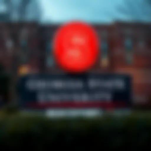 Georgia State University sign with a news headline about job offer rescind for activist over phone data deletion.