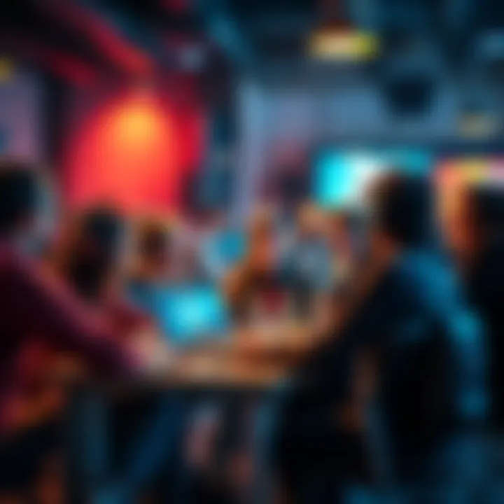 A group of game developers in a friendly setting, discussing projects and exchanging ideas in German.