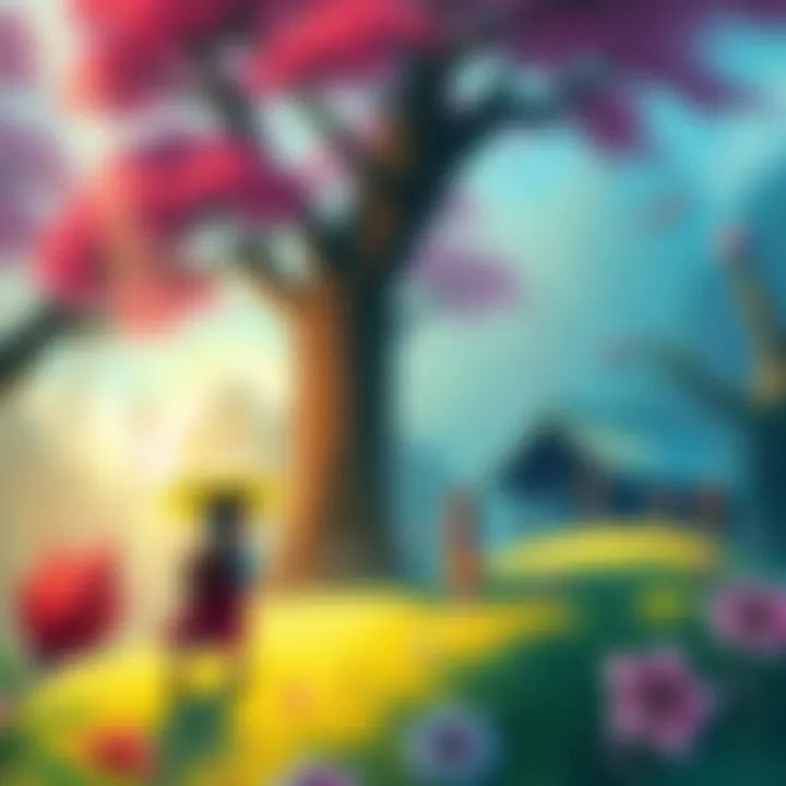 A vibrant game scene featuring characters in a lush, watercolor-style world inspired by Ghibli art.
