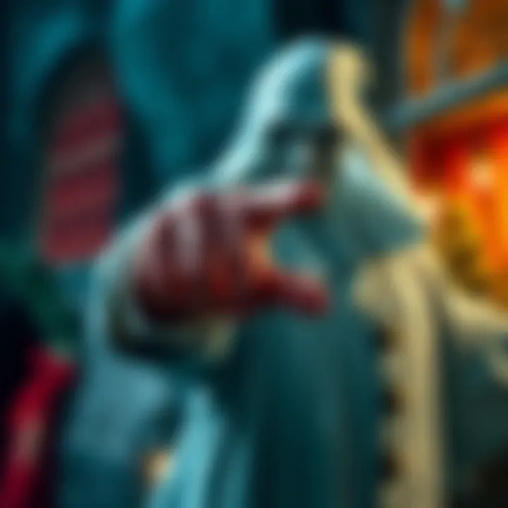 The Ghost of Christmas Future points ominously, symbolizing blame and accountability in a scene from A Christmas Carol.