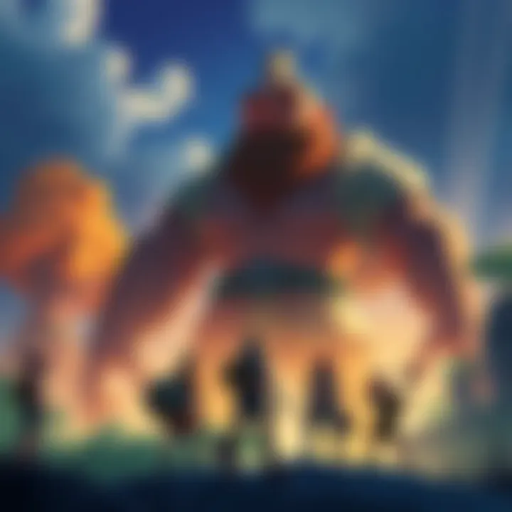 A giant character stands tall, observing players in a vibrant game world, inviting them to suggest unique names.