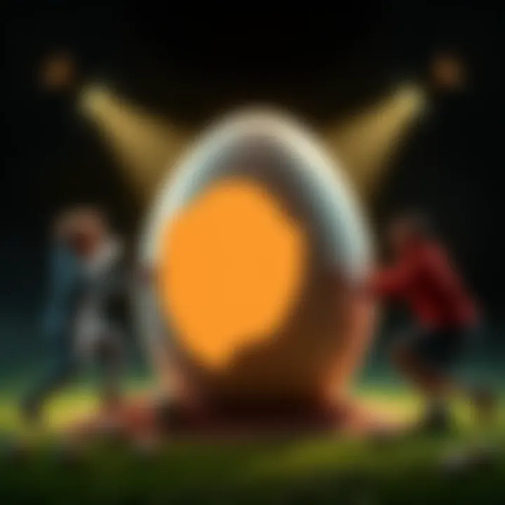 Players trying to crack a large egg without asking questions, showcasing creativity and teamwork.