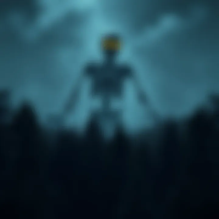 A giant skeleton looming over a dark forest, with glowing eyes, symbolizing the Gashadokuro legend.