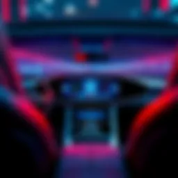 A car interior showing a large touch screen display on the dashboard with advanced technology features