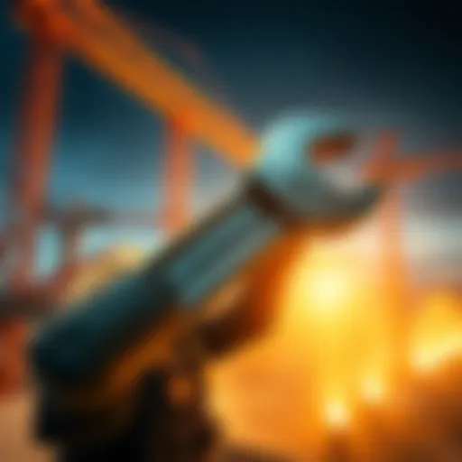 A worker using a giant wrench on a construction site, showcasing its size and usability in building projects.