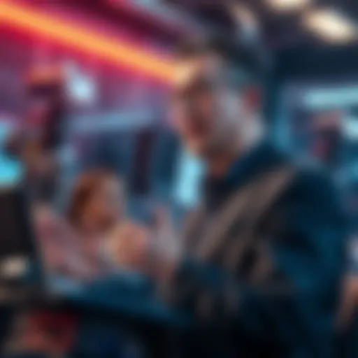 A concerned CEO addressing employees about AI job threats, with a backdrop of a futuristic tech setting.