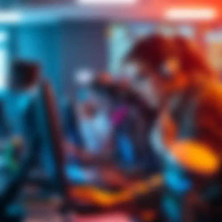 A group of diverse gig workers collaborating on computers to enhance surveillance AI technology for Flock.