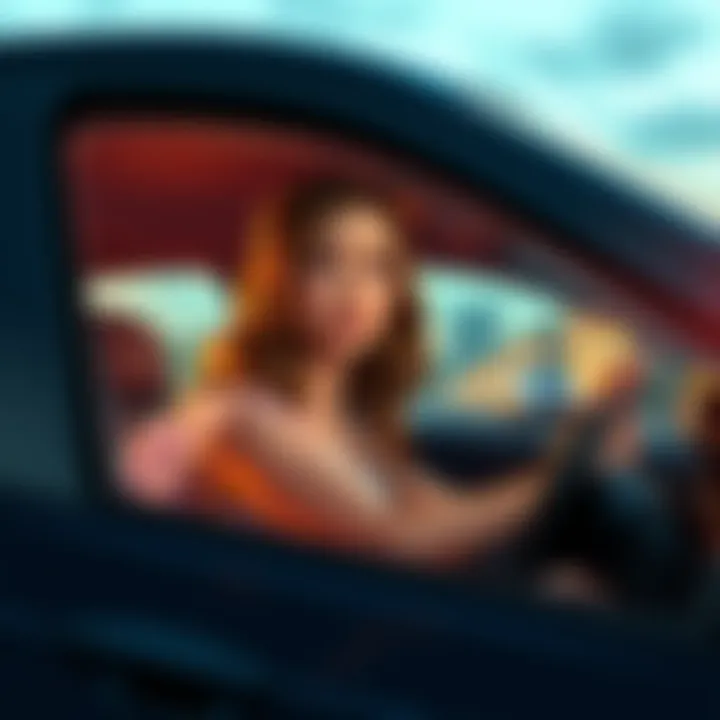 A teenage girl in a prom dress driving a car with a worried expression, symbolizing the story's tragic turn.