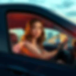 Girl driving a car A teenage girl in a prom dress driving a car with a worried expression, symbolizing the story's tragic turn.