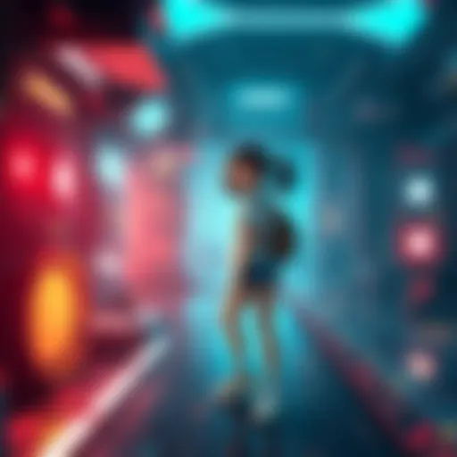 A young girl in casual clothes exploring a high-tech facility with glowing lights and mysterious objects.
