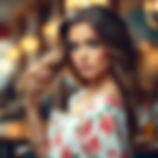 A girl with long wavy hair styled elegantly, wearing a floral dress and soft makeup, showcasing a feminine look.