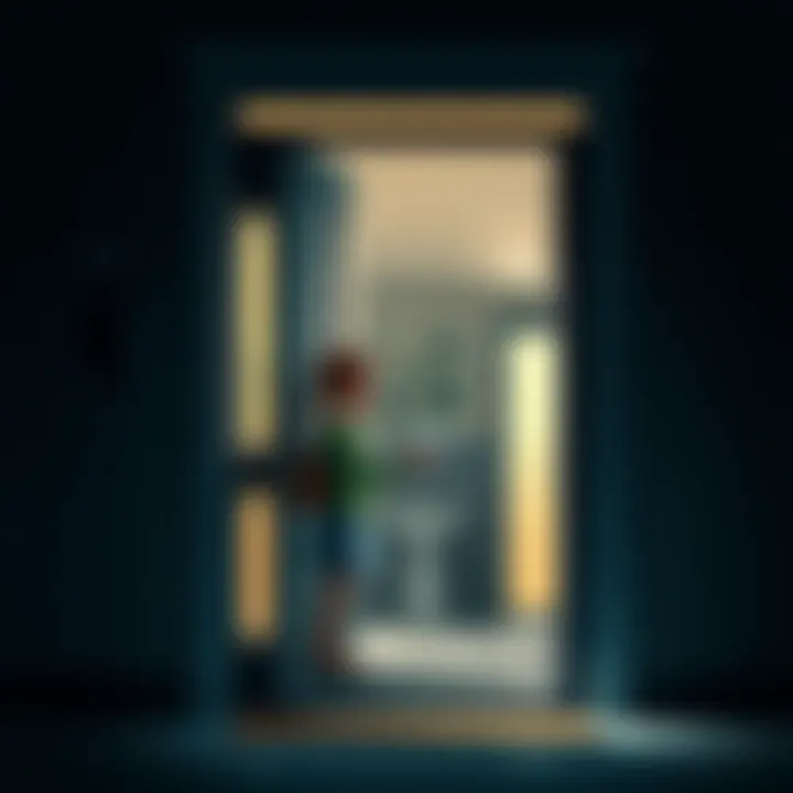 A girl standing at a door, inviting her neighbor inside for a glass of water, with a friendly smile.