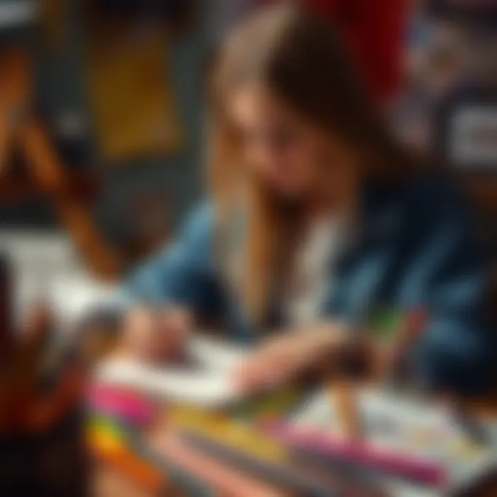 A woman sketching with pencils on a notepad, surrounded by art supplies