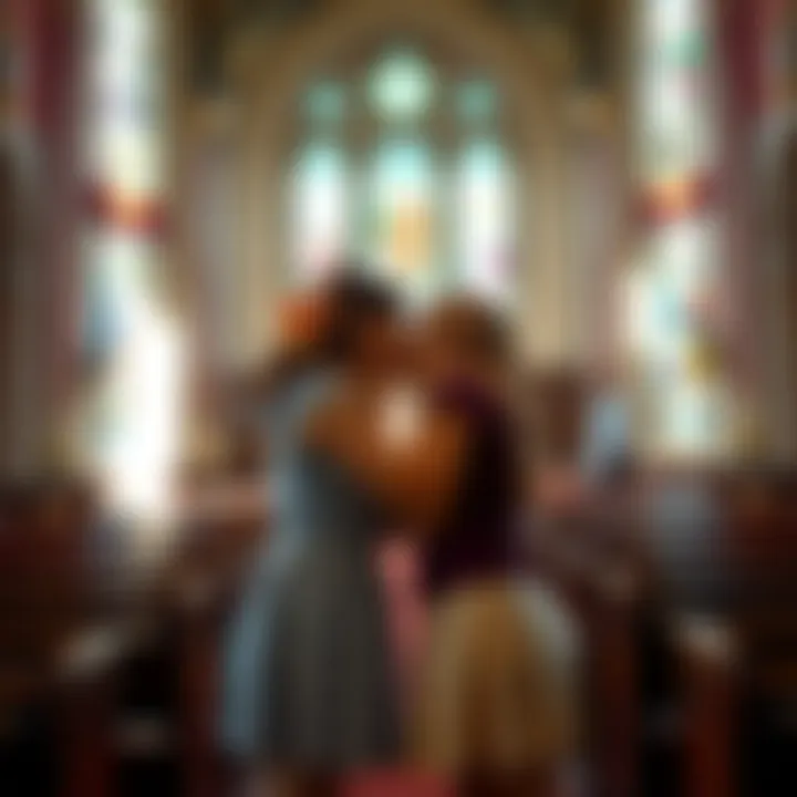 Two girls kissing inside a church, surrounded by pews and stained glass windows, sparking discussions about acceptance