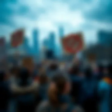 A group of diverse people holding signs calling for a ban on superintelligent AI, gathered in a public space with a city skyline in the background.
