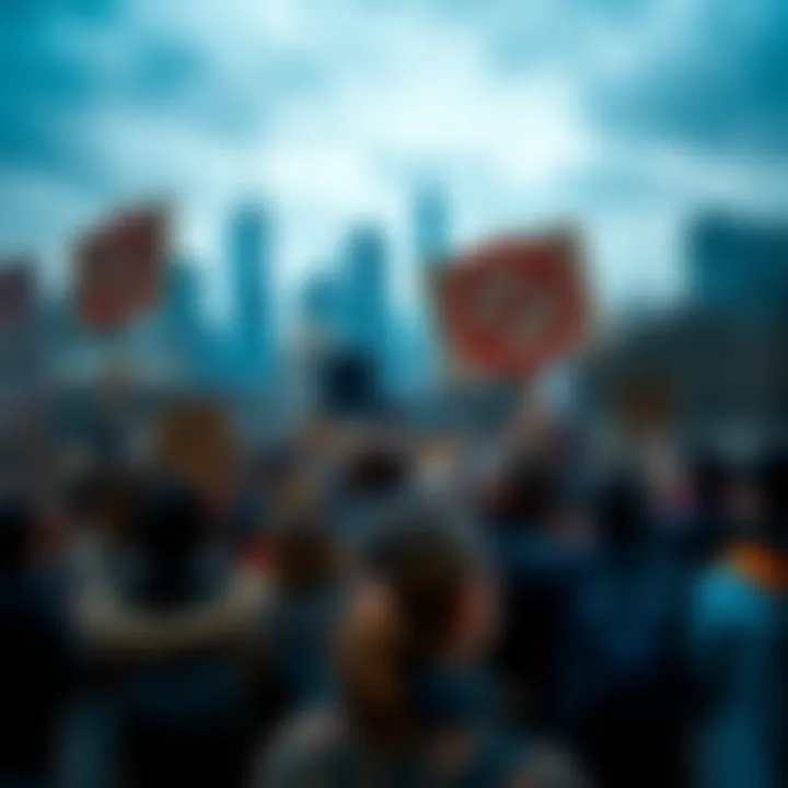 A group of diverse people holding signs calling for a ban on superintelligent AI, gathered in a public space with a city skyline in the background.