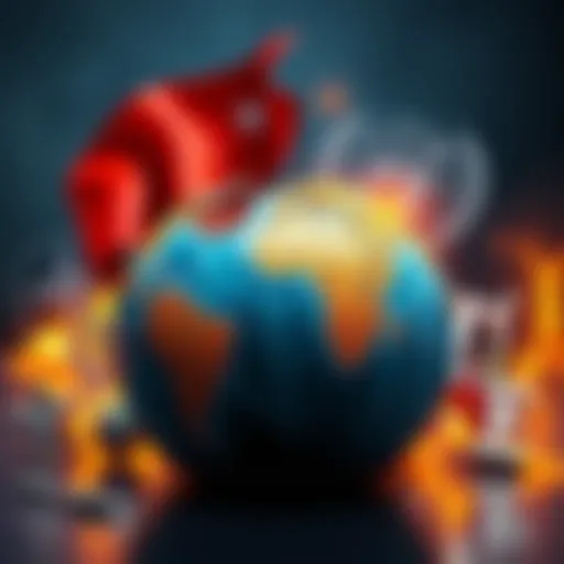 A broken globe surrounded by symbols of NATO and the United Nations, illustrating the challenges facing global governance.