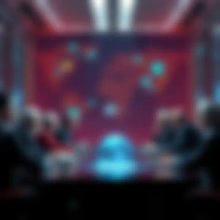 A group of global leaders in a meeting, contemplating a pause on artificial intelligence development, surrounded by technology symbols.
