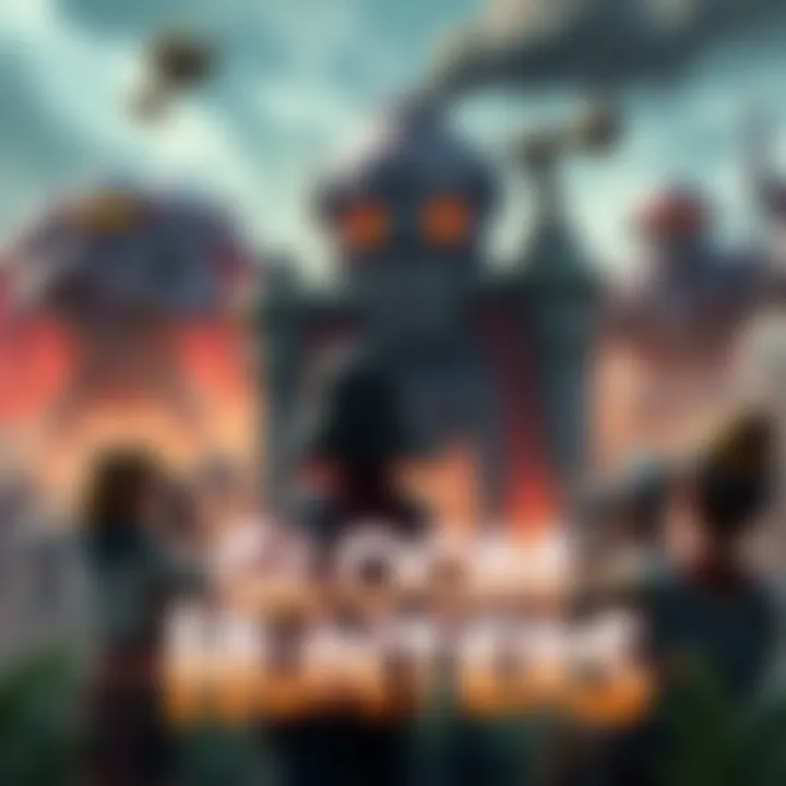 A group of players strategizing to raid a base in Gloom Hunters, with automated defenses in the background.