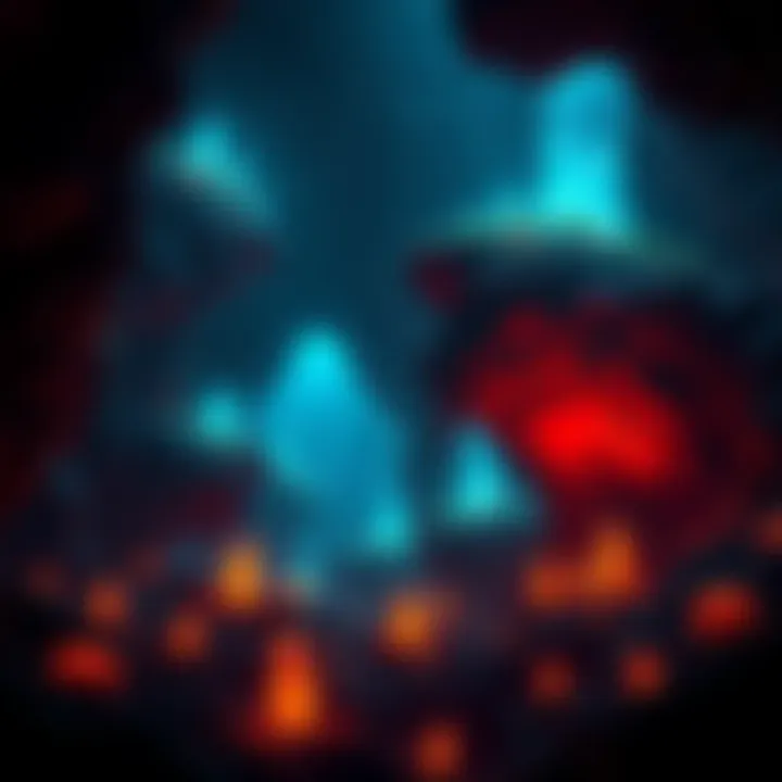 Glowing Cave Features A dark cave illuminated by glowing crystals and plants, creating a magical atmosphere.