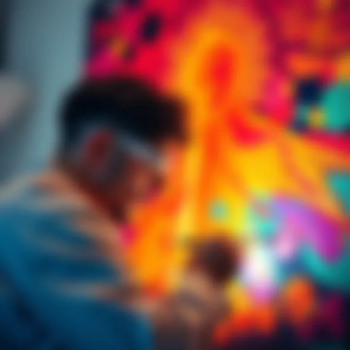 An artist applying techniques to create a glowing effect on textured surfaces in a colorful painting