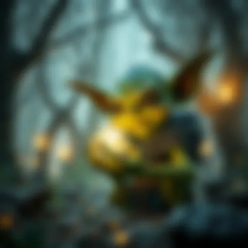 A green goblin character with mischievous eyes and pointy ears, holding a glowing artifact in a mystical forest, surrounded by ancient trees and magical lights