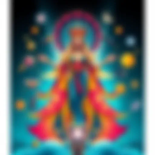 An artistic representation of a goddess figure surrounded by symbols of technology and innovation, showcasing transformation and upscale techniques.