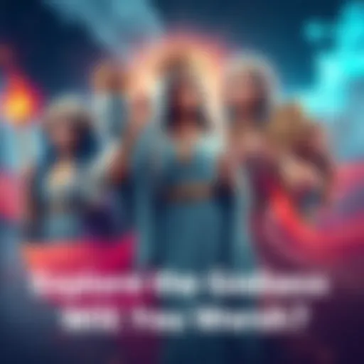 A collection of different goddesses depicted in vibrant colors, representing various cultures and traditions, each holding unique symbols of power and influence.