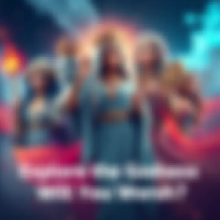 A collection of different goddesses depicted in vibrant colors, representing various cultures and traditions, each holding unique symbols of power and influence.