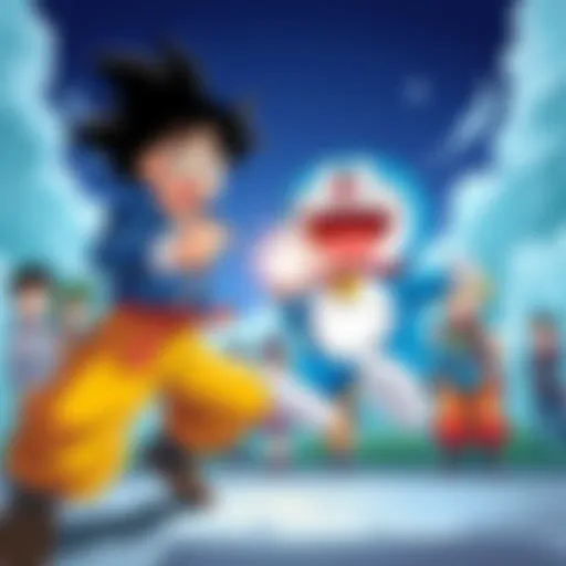 Goku delivers a powerful punch to Doraemon, with amazed characters watching in the background.