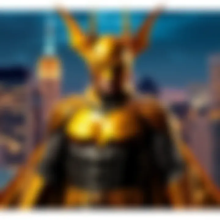 Golden Bat, a classic superhero with a bat-like appearance, stands heroically with a city skyline in the background, symbolizing his anticipated U.S. debut.