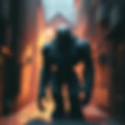 A large, stone-like creature known as a Golem stands in a darkened alley, with glowing eyes and an imposing presence, symbolizing a new threat.