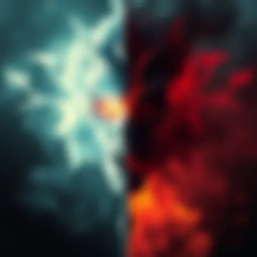 A split image showing a bright side representing good with light and nature, and a dark side symbolizing evil with shadows and chaos.