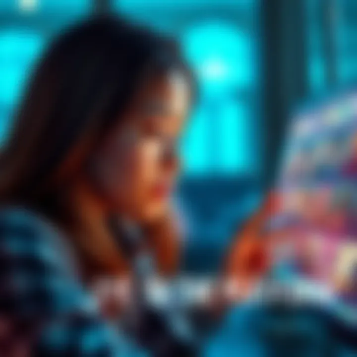 A person looking at a screen with a sad expression, reminiscing about past memories on a social platform, surrounded by digital icons symbolizing connection.