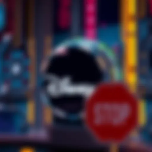 Visual representation of AI technology with a Disney logo and a stop sign symbolizing blocked prompts