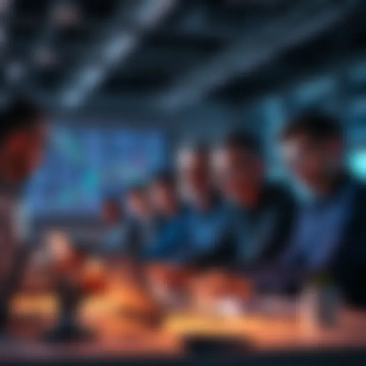 A group of engineers collaborating on AI projects in an office, focused on improving search result accuracy.