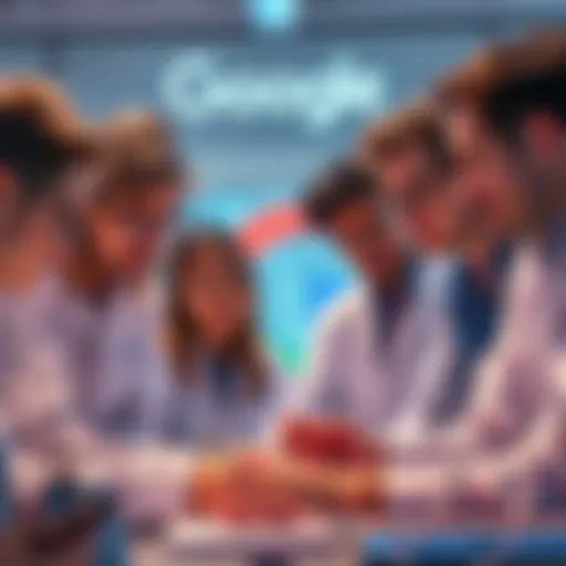 A diverse group of researchers collaborating on advanced AI concepts with Google logo in the background