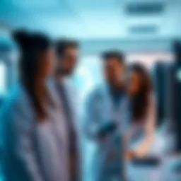 A group of diverse researchers in lab coats discussing AI technology in a modern lab environment while looking at a computer screen.