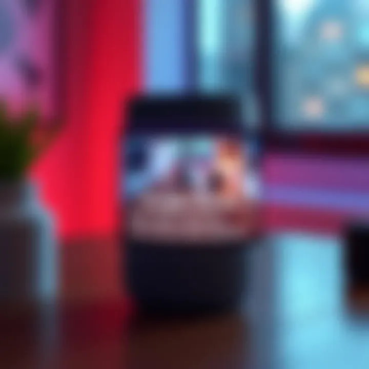 A Google Home device displaying a live camera feed with an overlay of descriptive text