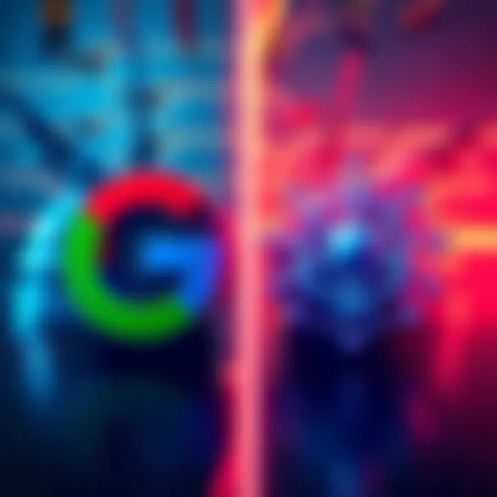 A split image showing Google's logo on one side and OpenAI's logo on the other, with military symbols in the background, illustrating contrasting reactions to their AI military contracts.